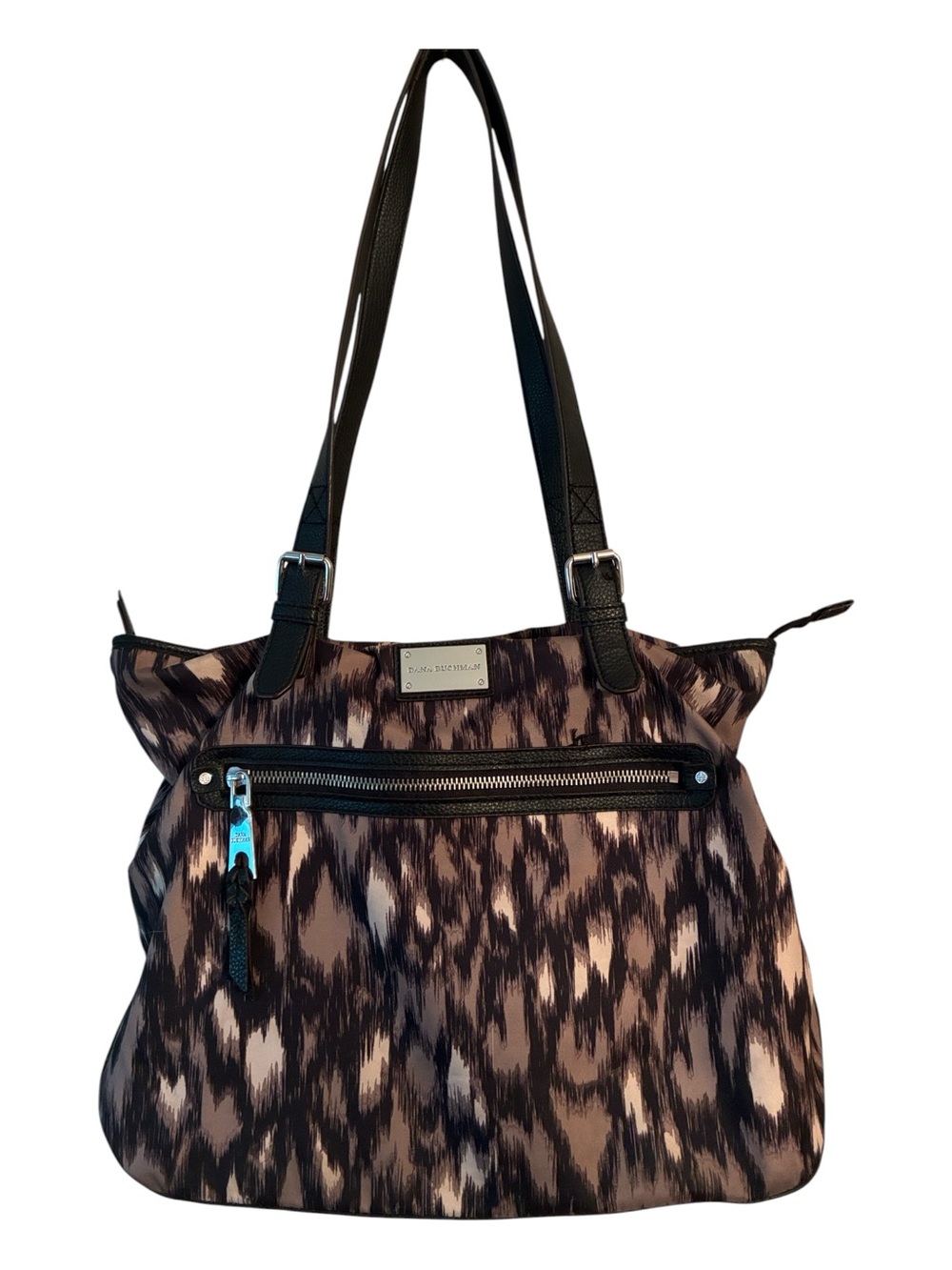 Dana Buchman tote, large, Black Taupe Leopard-Print, double handles, zip top euc